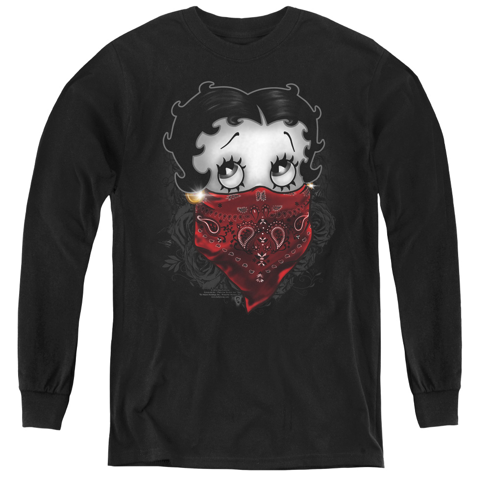 BB756-YL-1 Betty Boop & Bandana & Roses-Youth Long Sleeve Tee, Black - Small