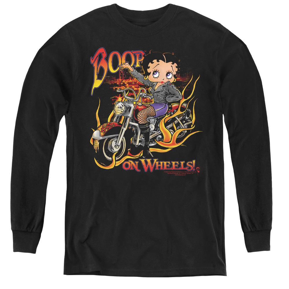 BB624-YL-2 Betty Boop & on Wheels-Youth Long Sleeve Tee, Black - Medium