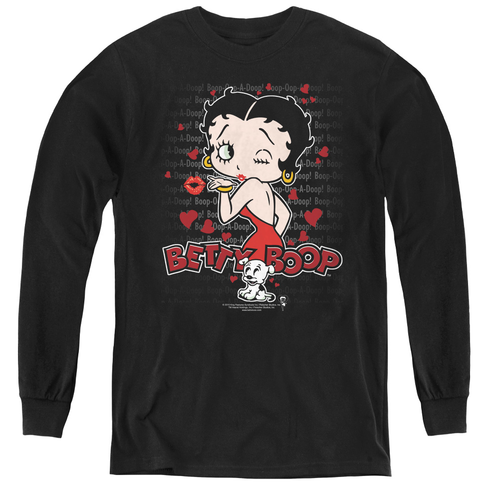 Betty Boop & Classic Kiss-Youth Long Sleeve Tee, Black - Medium