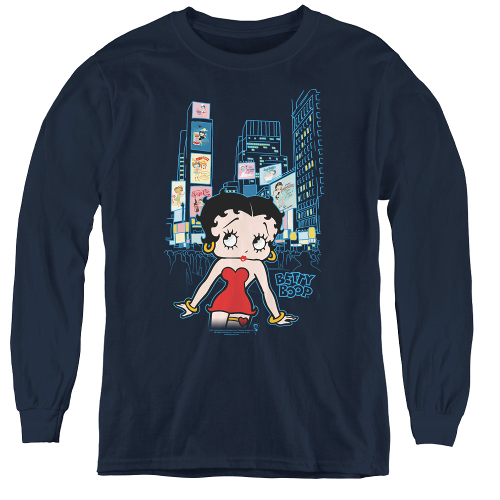 Betty Boop & Square-Youth Long Sleeve Tee, Navy - Large