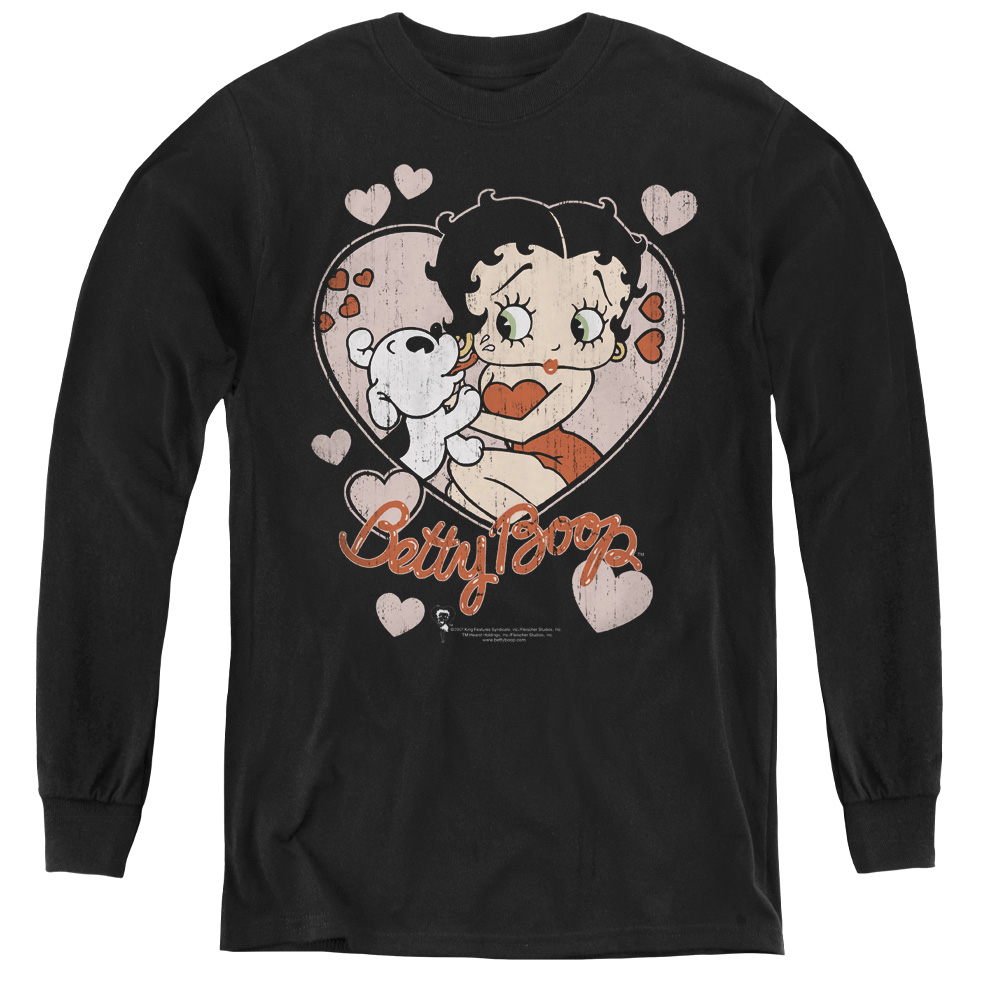 Betty Boop & Classic Kiss-Youth Long Sleeve Tee, Black - Medium