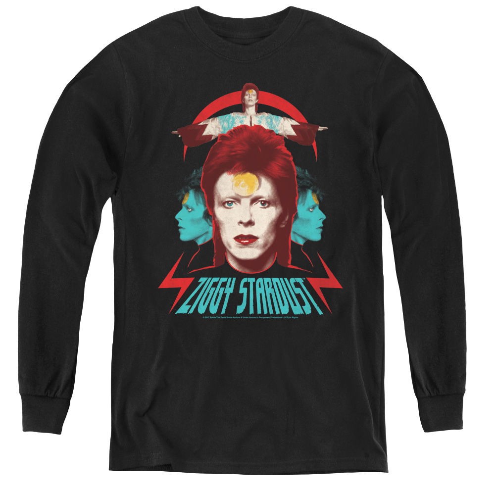 BOWIE106-YL-2 David Bowie & Ziggy Heads-Youth Long Sleeve Tee, Black - Medium