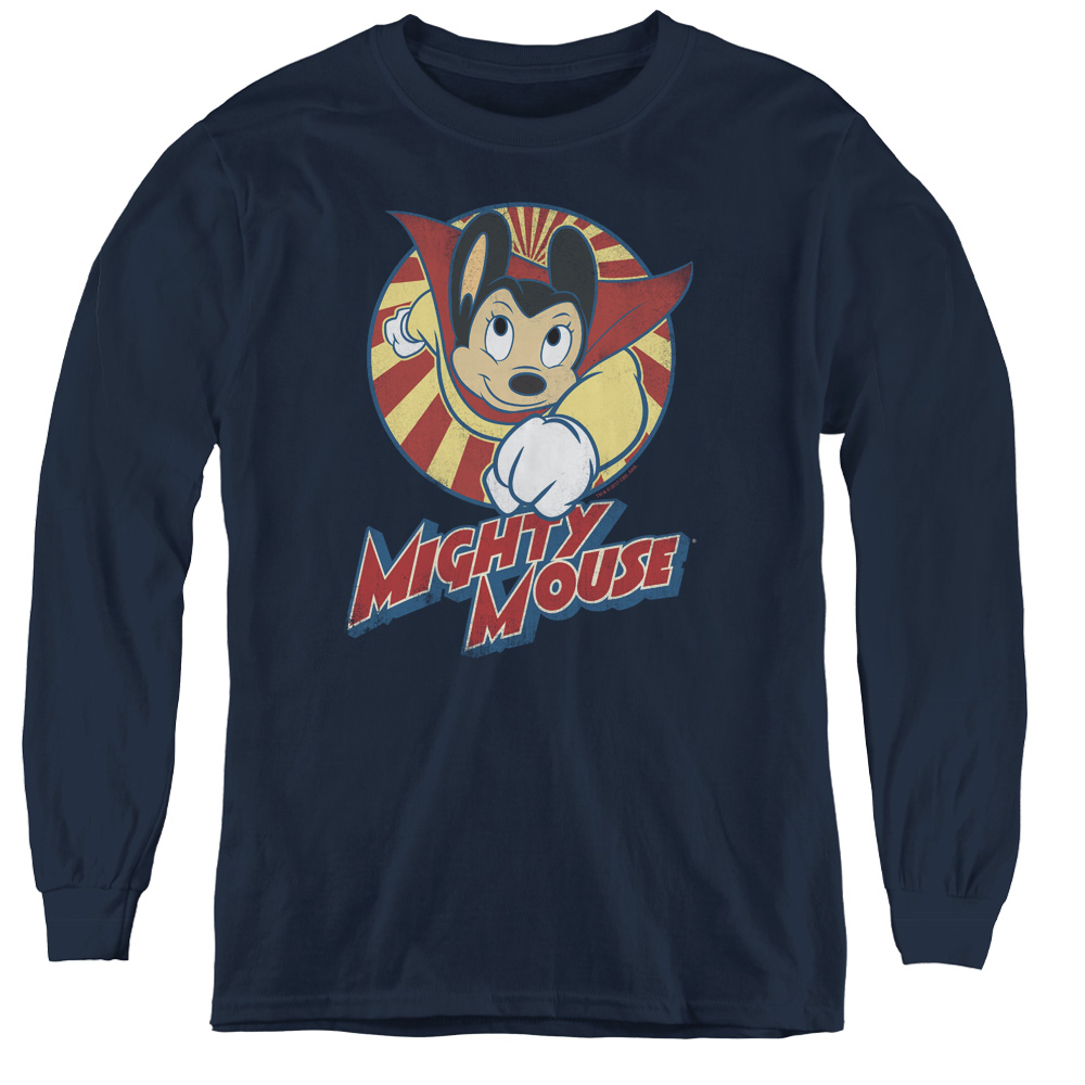 CBS1114-YL-4 Mighty Mouse & The One the Only-Youth Long Sleeve Tee, Navy - Extra Large