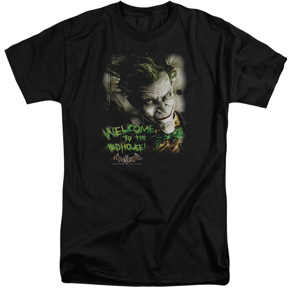 BM1817-ATT-6 Batman AA & Welcome to the Madhouse-Short Sleeve Adult Tall T-Shirt, Black - 3X