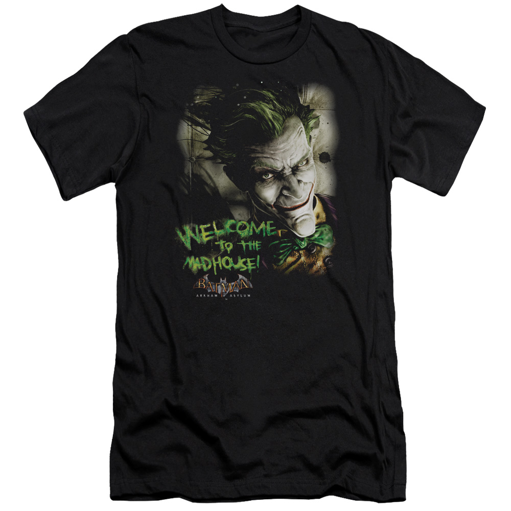 BM1817-PSF-4 Batman AA & Welcome to the Madhouse-Premuim Canvas Adult Slim Fit 30-1 T-Shirt, Black - Extra Large