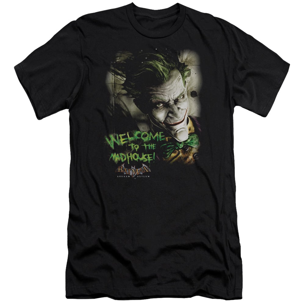 Batman AA & Welcome to the Madhouse-Premuim Canvas Adult Slim Fit 30-1 T-Shirt, Black - 2X