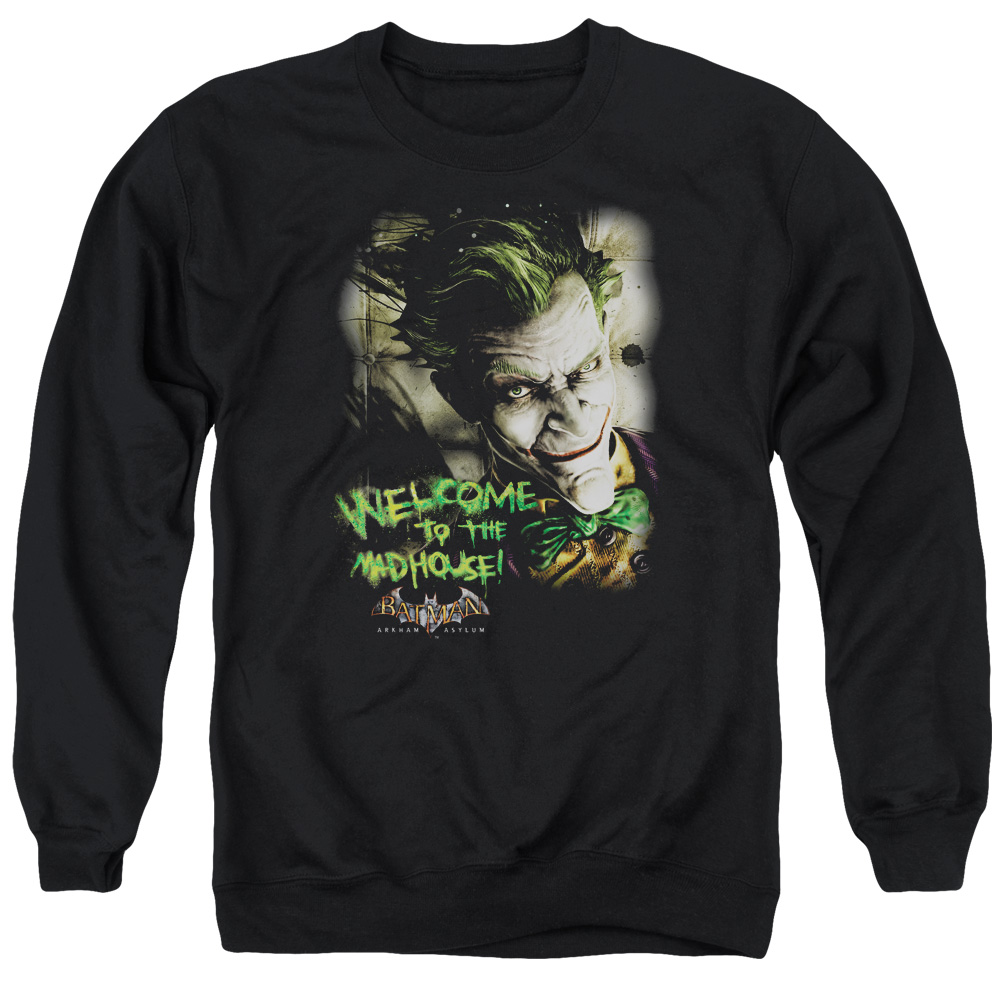 BM1817-AS-1 Batman AA & Welcome to the Madhouse-Adult Crewneck Sweatshirt, Black - Small