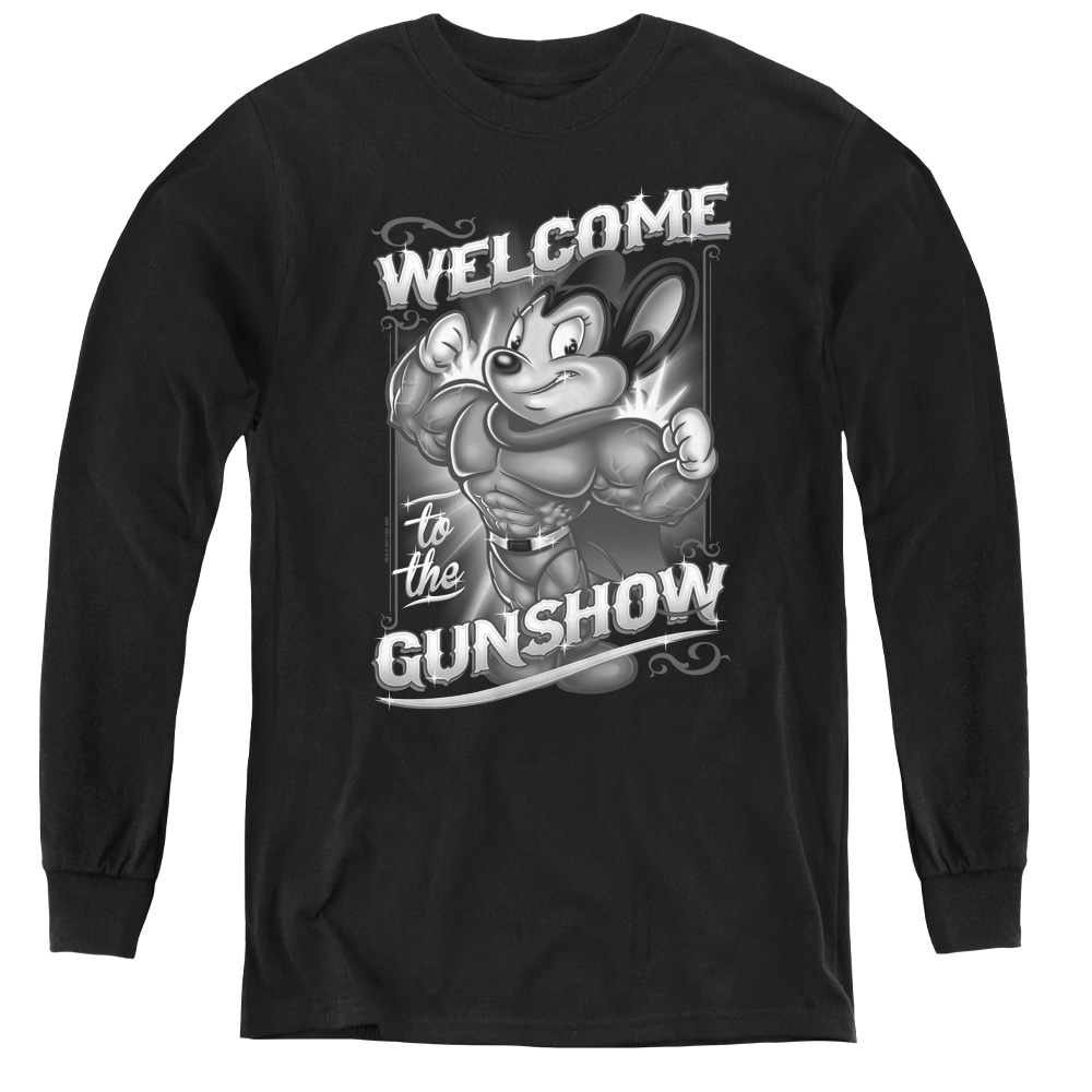 CBS1148-YL-4 Mighty Mouse & Mighty Gunshow - Youth Long Sleeve Tee, Black - Extra Large
