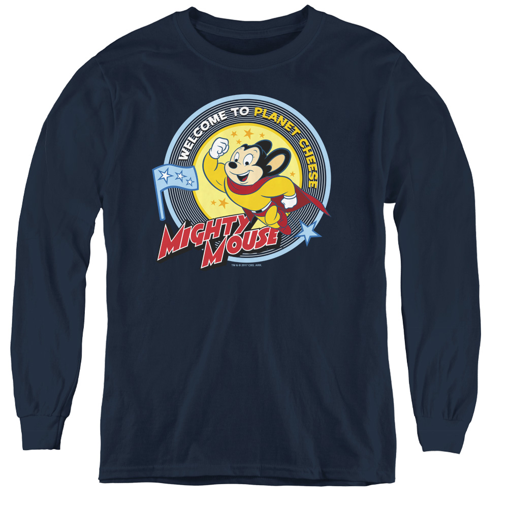 Mighty Mouse & Planet Cheese - Youth Long Sleeve Tee, Navy - Small