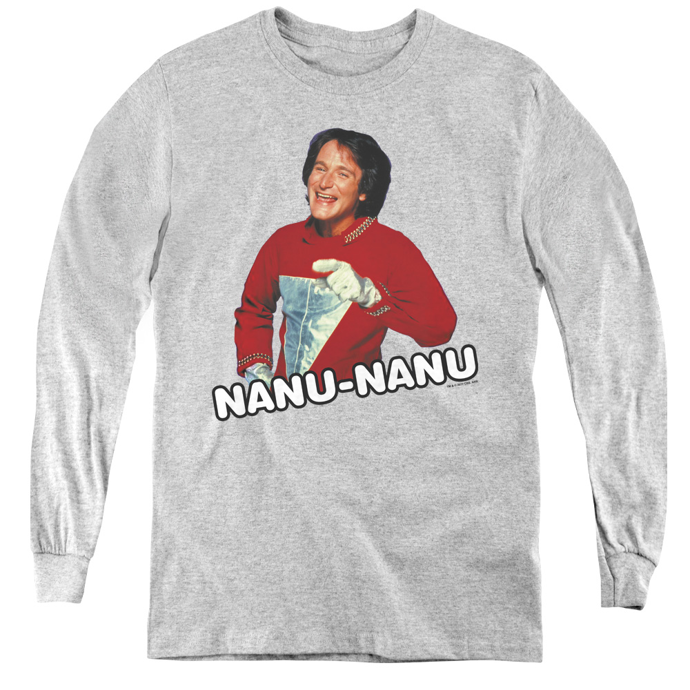 CBS1552-YL-4 Mork & Mindy & Catchphrase-Youth Long Sleeve Tee, Athletic Heather - Extra Large