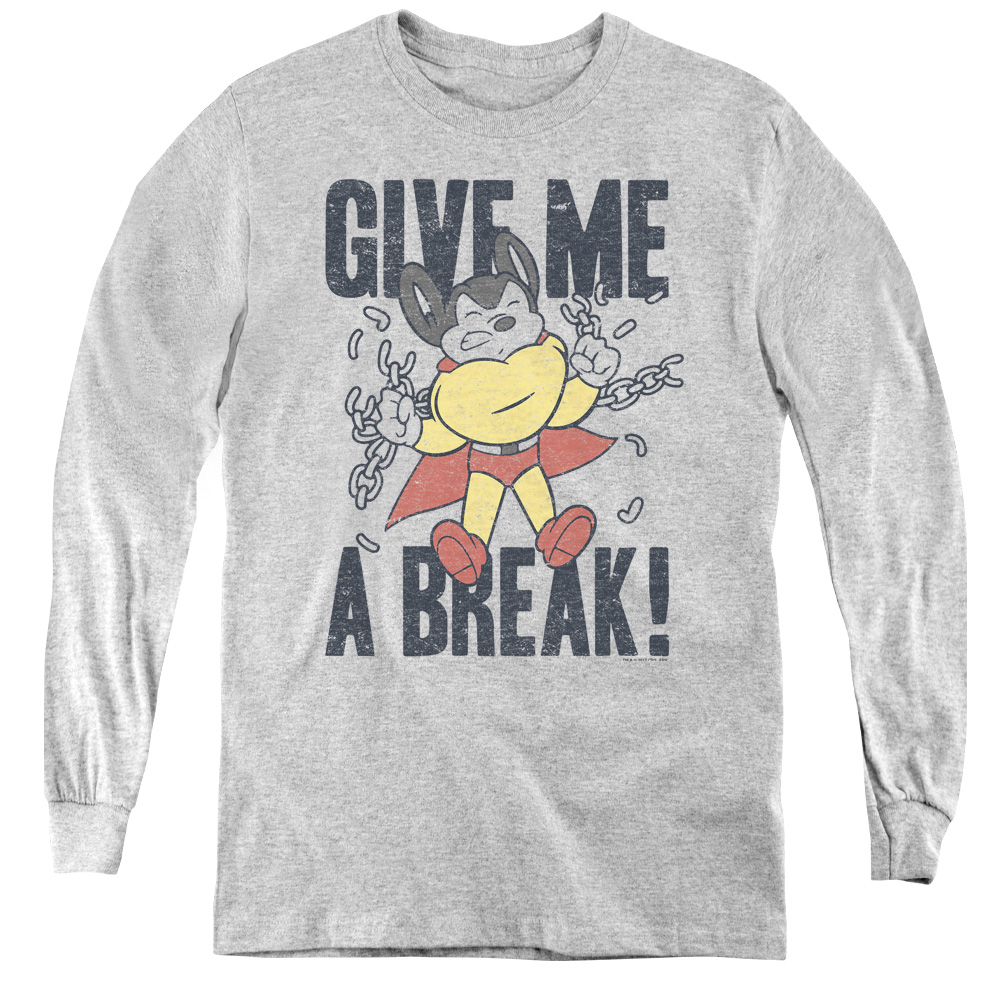 CBS1587-YL-2 Mighty Mouse & Give Me A Break-Youth Long Sleeve Tee, Athletic Heather - Medium
