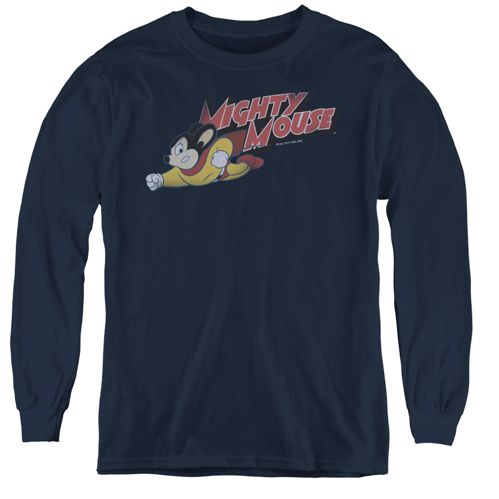 CBS167-YL-2 Mighty Mouse & Mighty Retro - Youth Long Sleeve Tee, Navy - Medium