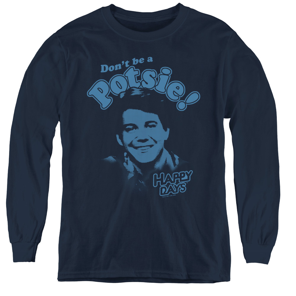 CBS169-YL-2 Happy Days & Dont Be a Potsy - Youth Long Sleeve Tee, Navy - Medium