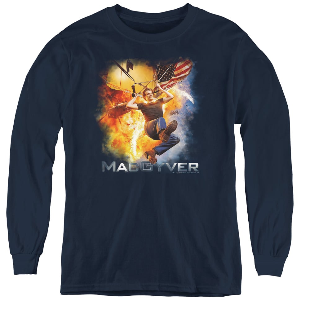 Macgyver & Parachute-Youth Long Sleeve Tee, Navy - Small