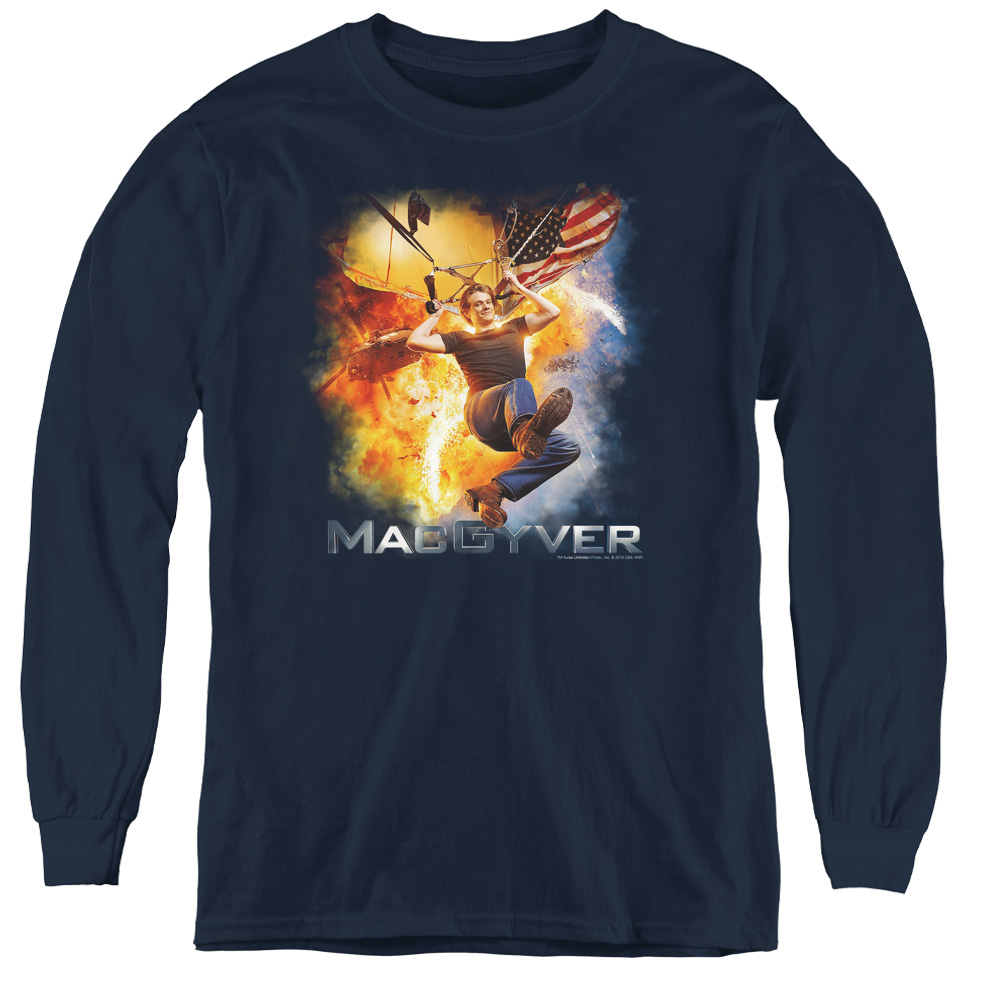 Macgyver & Parachute-Youth Long Sleeve Tee, Navy - Large