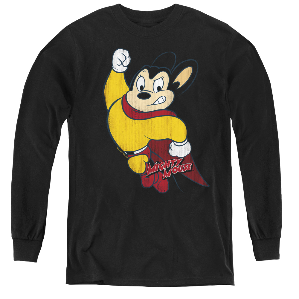 Mighty Mouse & Classic Hero - Youth Long Sleeve Tee, Black - Large