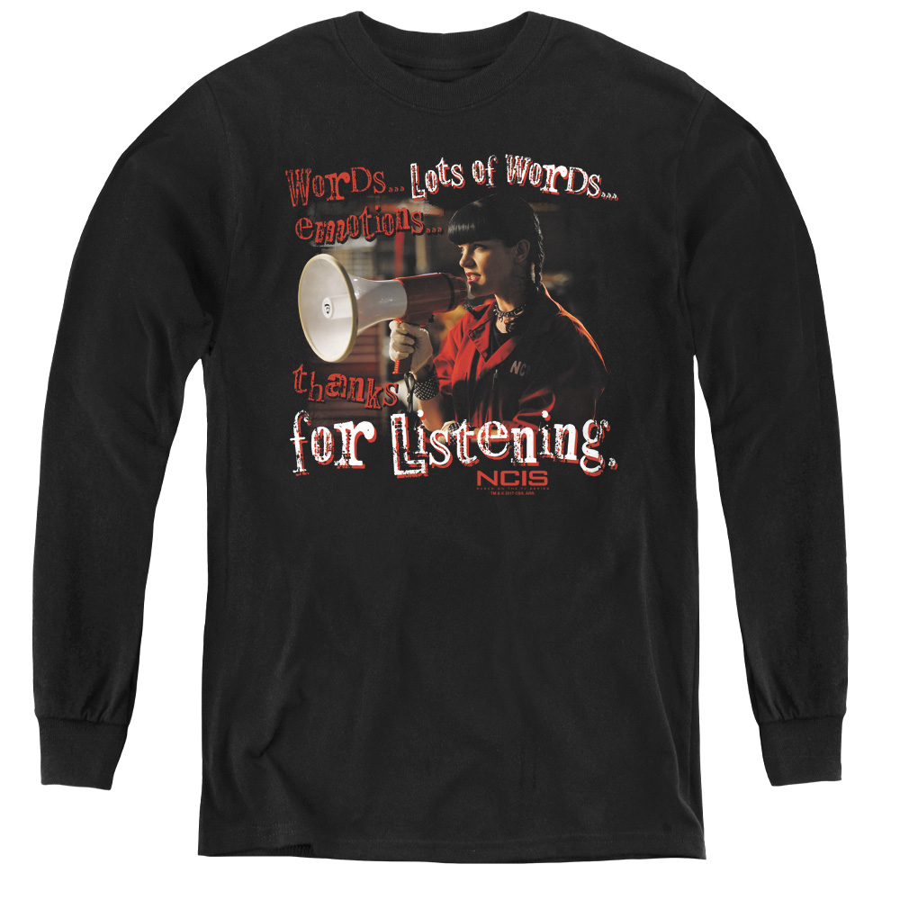 CBS814-YL-3 NCIS & Thanks for Listening - Youth Long Sleeve Tee, Black - Large