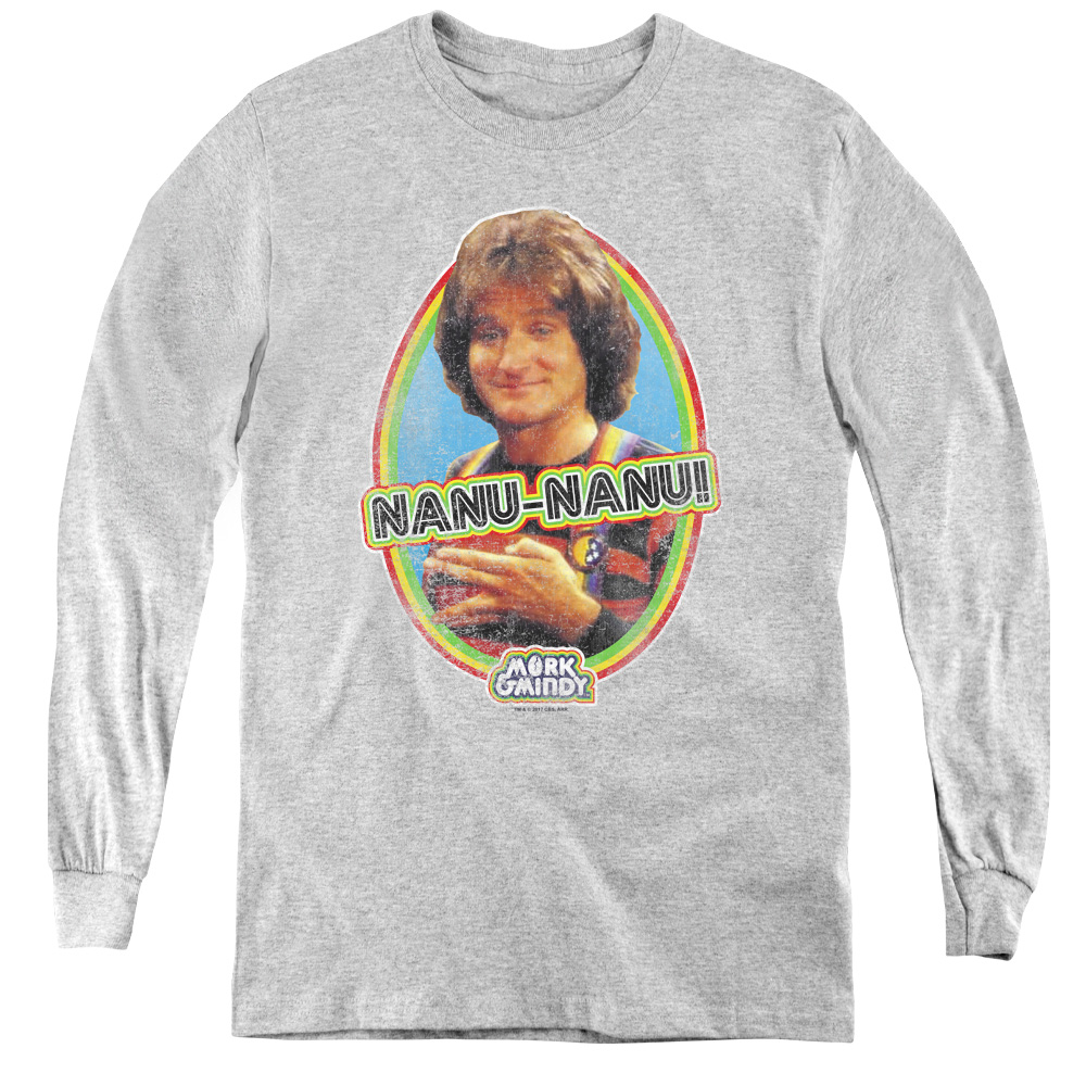 CBS890-YL-2 Mork & Mindy & Nanu Nanu - Youth Long Sleeve Tee, Athletic Heather - Medium