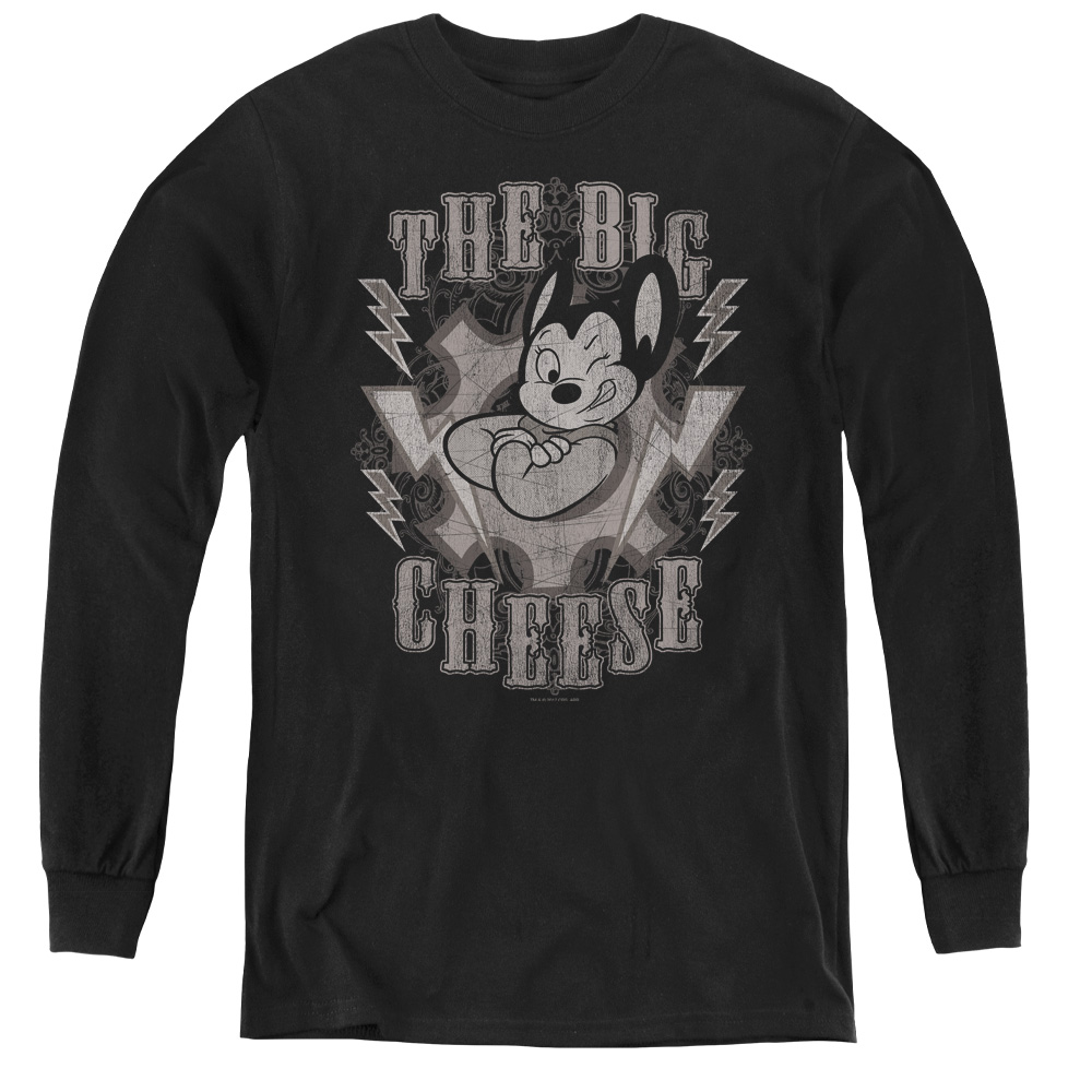 Mighty Mouse & The Big Cheese-Youth Long Sleeve Tee, Black - Extra Large