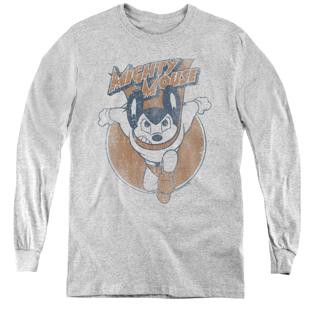 Mighty Mouse & Flying with Purpose - Youth Long Sleeve Tee, Athletic Heather - Large