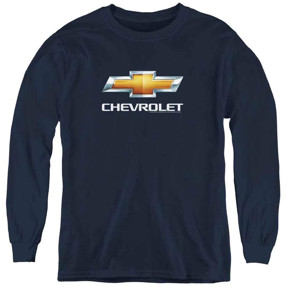 Chevrolet & Chevy Bowtie Stacked-Youth Long Sleeve Tee, Navy - Medium
