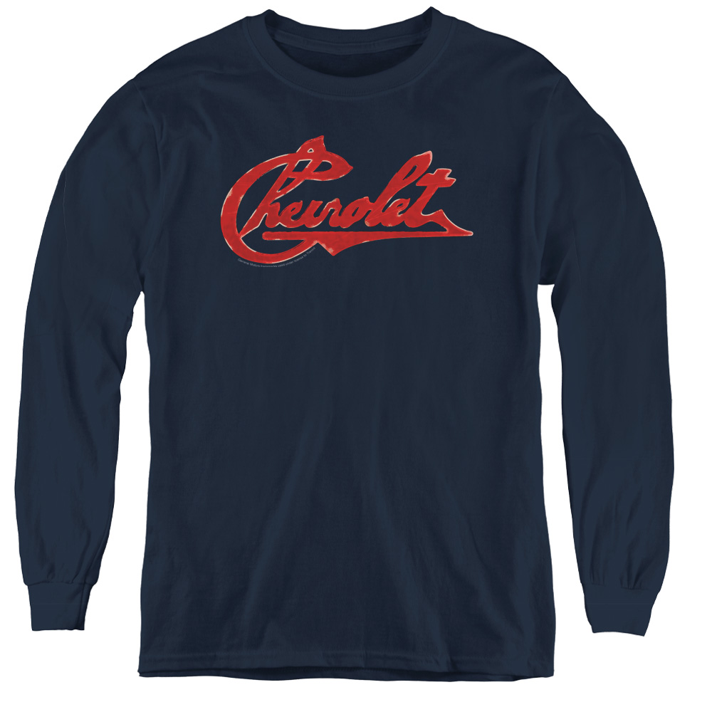 Chevrolet & Chevrolet Script Distressed-Youth Long Sleeve Tee, Navy - Medium