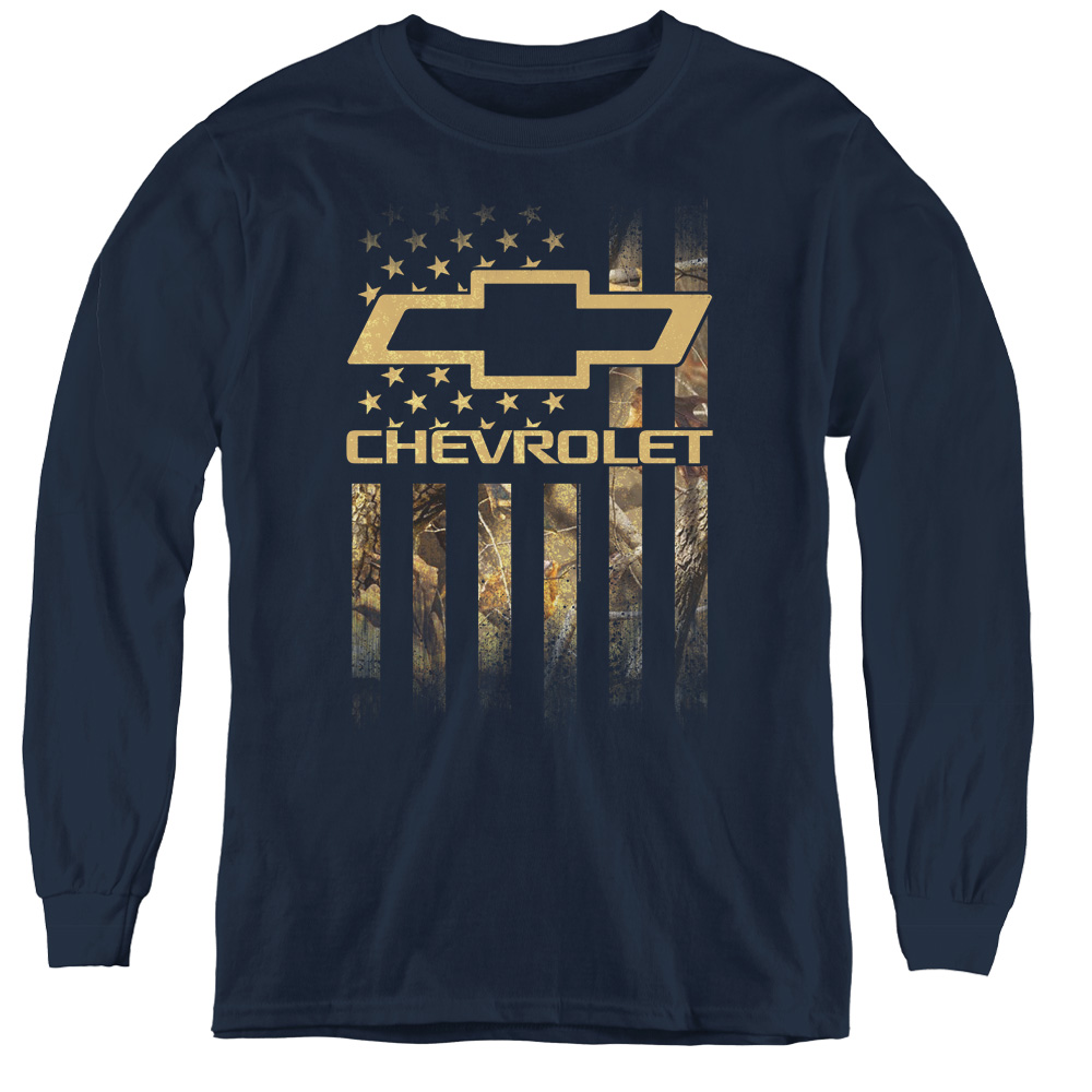 Chevrolet & Camo Flag-Youth Long Sleeve Tee, Navy - Medium