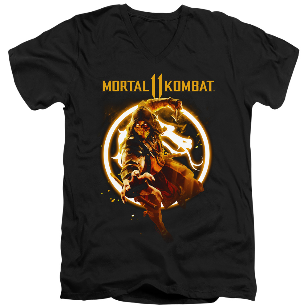WBM891-AV-4 Mortal Kombat XI & Scorpion Flames Adult Slim Fit Short Sleeve 30-1 V Neck T-Shirt   Black - Extra Large