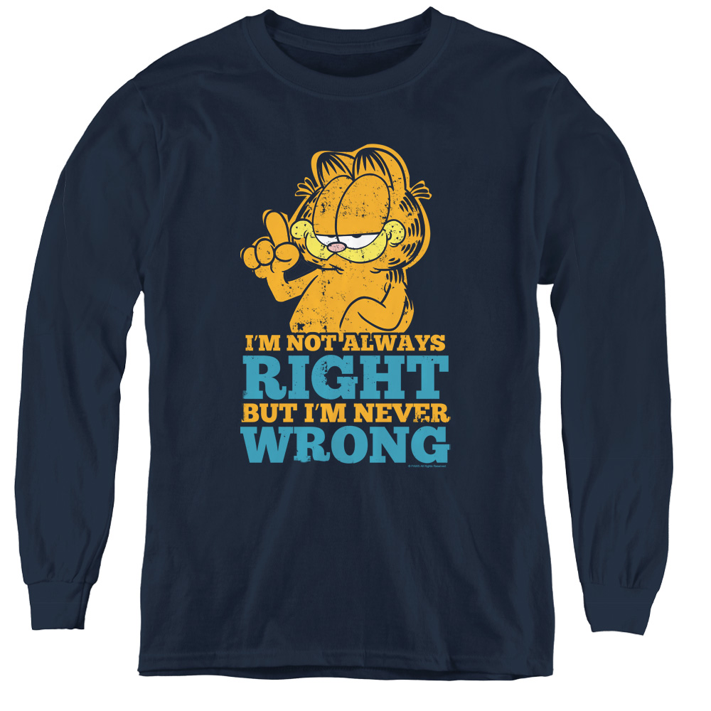 Garfield & Never Wrong Youth Long Sleeve T-Shirt   Navy - Large