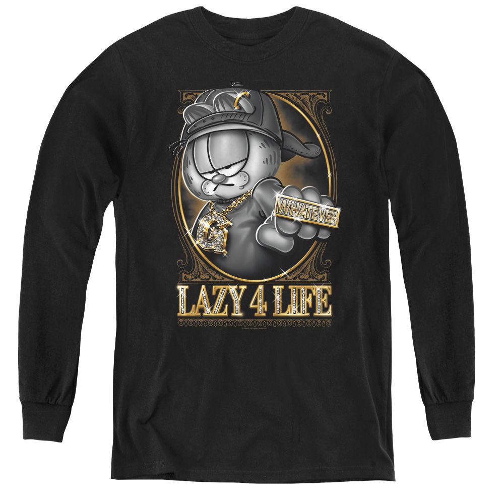 Garfield & Lazy 4 Life Youth Long Sleeve T-Shirt   Black - Medium