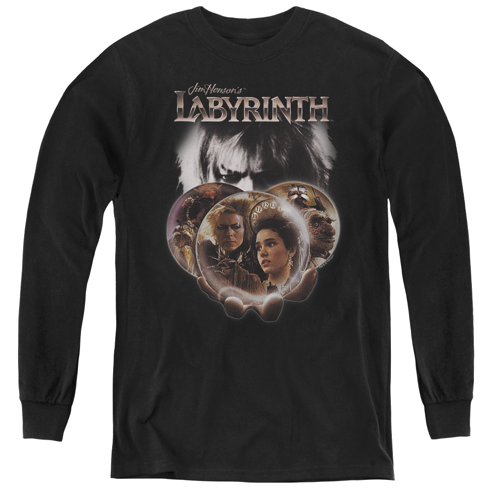 LAB143-YL-2 Labyrinth & Globes - Youth Long Sleeve Tee, Black - Medium
