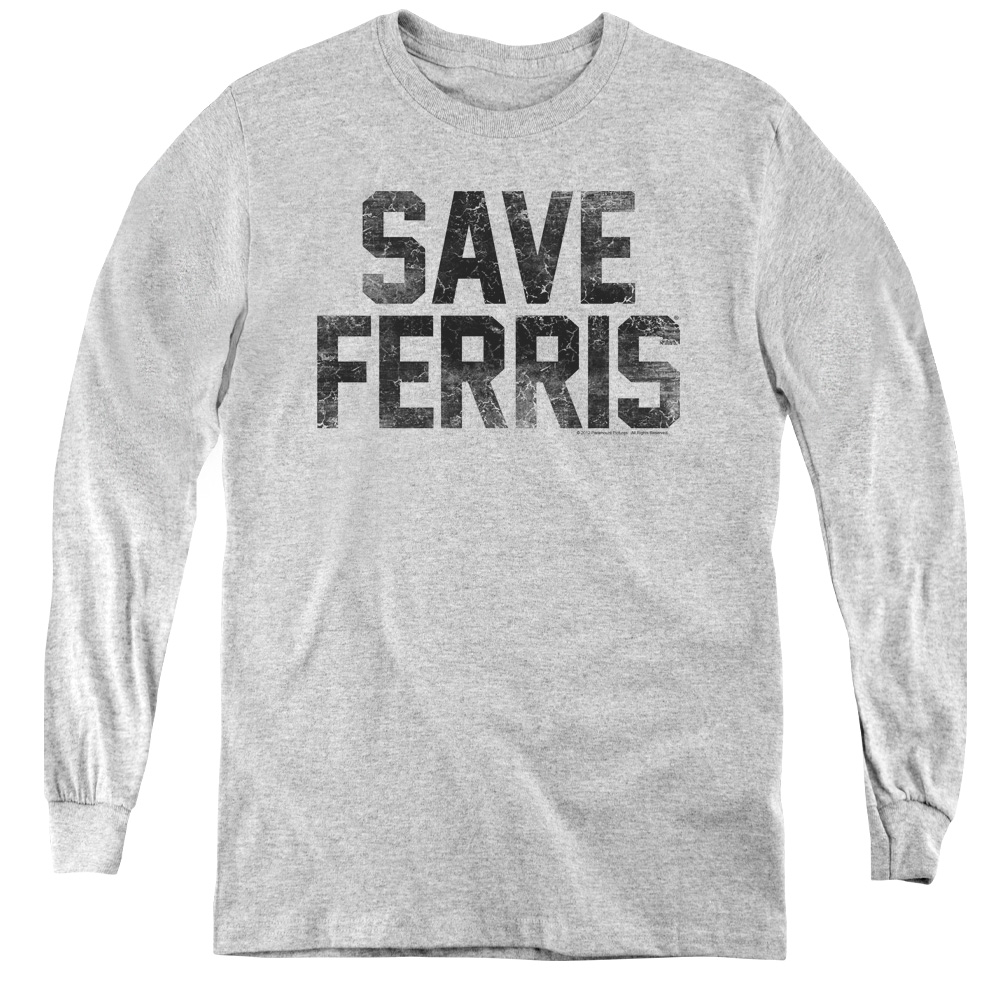 Ferris Bueller & Save Ferris Youth Long Sleeve Tee Shirt - Athletic Heather, Large