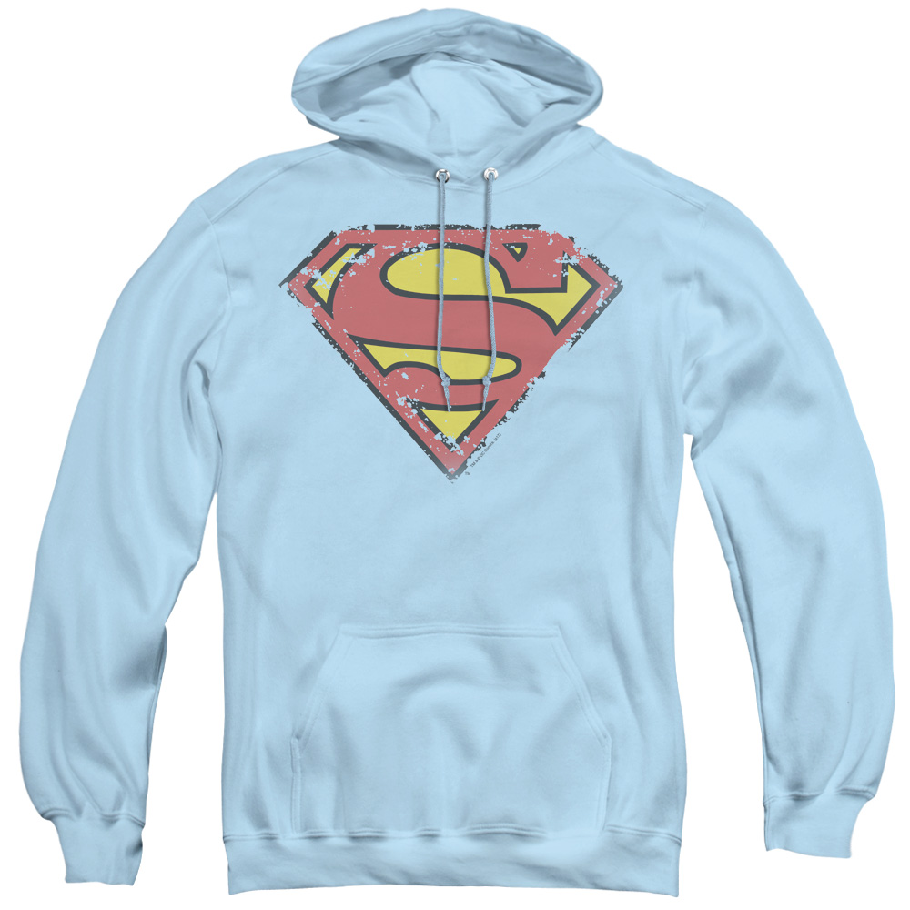 SM1130MA-AFTH-1 Superman & Distressed Shield Adult Pull Over Hoodie, Light Blue - Small