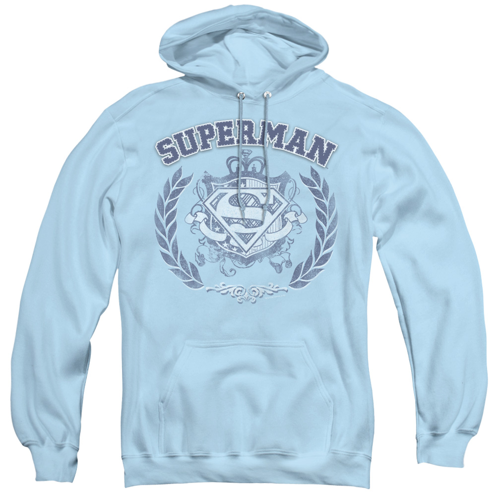 SM1324-AFTH-3 Superman & Collegiate Crest Adult Pull Over Hoodie, Light Blue - Large