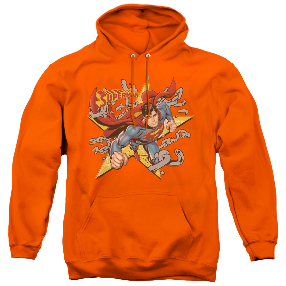 SM1444-AFTH-4 Superman Stars & Chains Adult Pull Over Hoodie, Orange - Extra Large