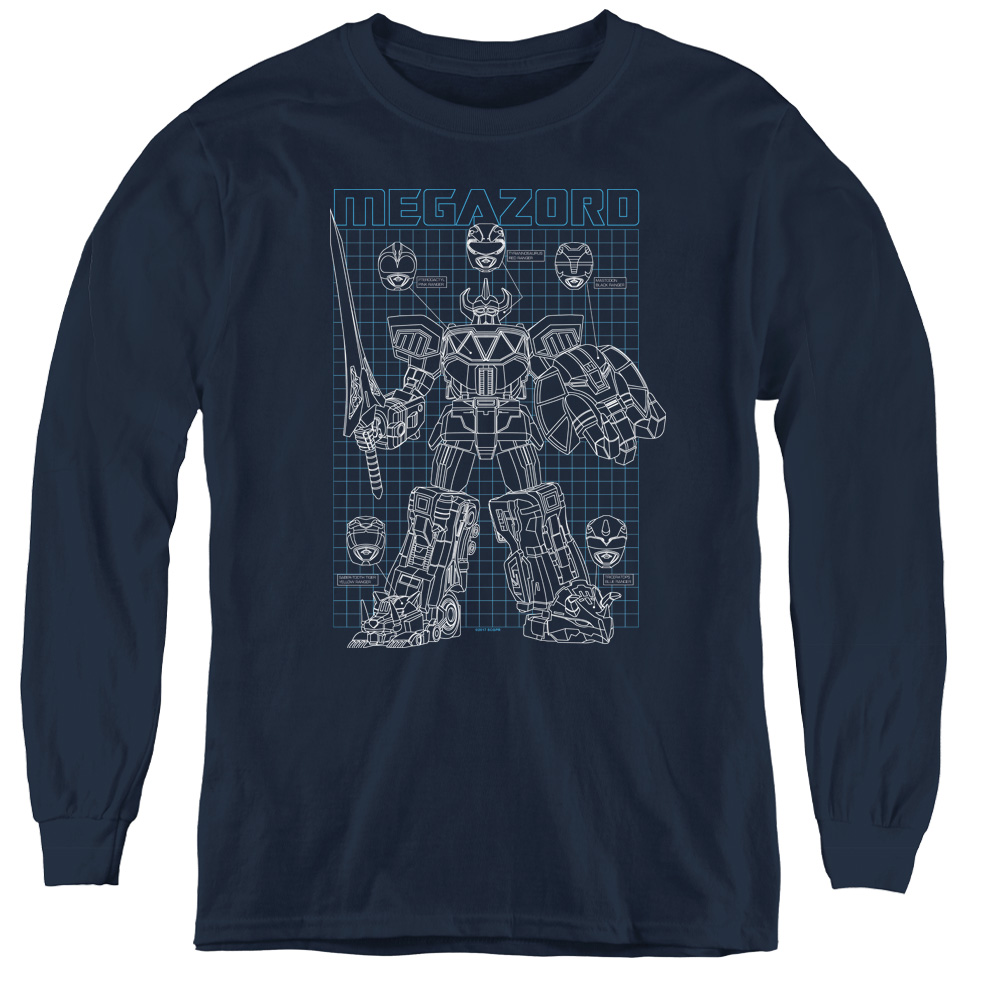 Power Rangers & Mega Plans Youth Long Sleeve Tee Shirt, Navy - Small