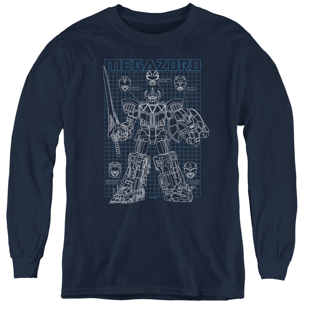 Power Rangers & Mega Plans Youth Long Sleeve Tee Shirt, Navy - Large