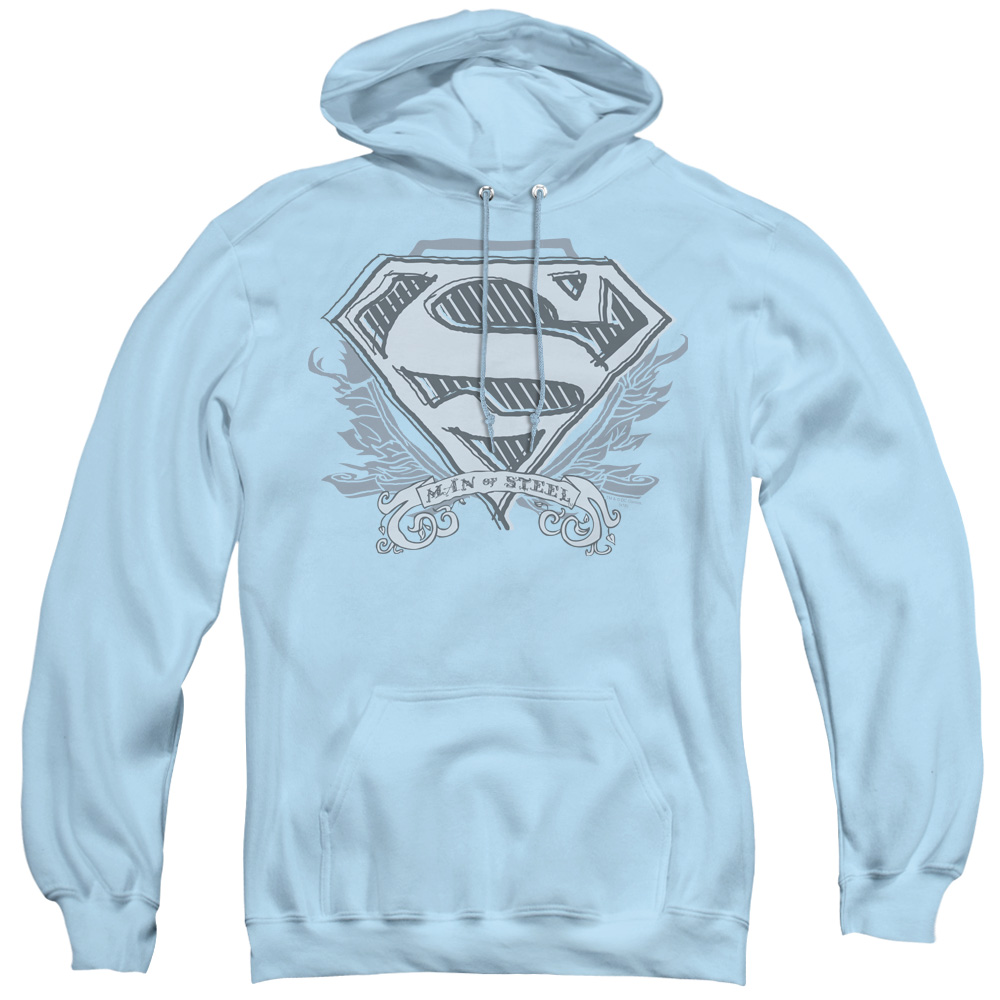 SM1574-AFTH-2 Superman & Sketchy Crest Shield Adult Pull Over Hoodie, Light Blue - Medium