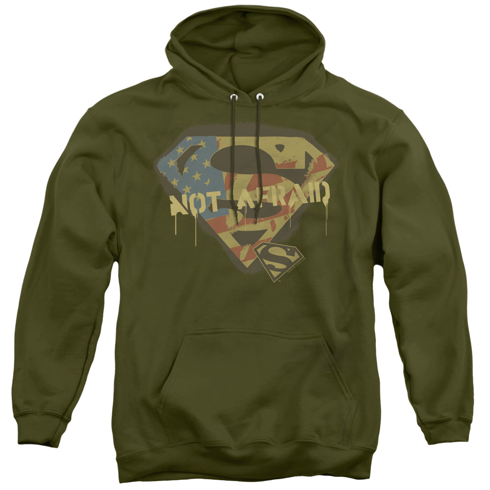 SM1669-AFTH-2 Superman & Not Afraid Adult Pull Over Hoodie, Military Green - Medium