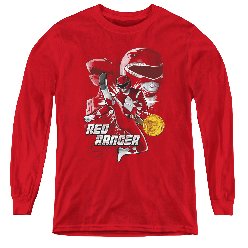 Power Rangers & Red Ranger Youth Long Sleeve Tee Shirt, Red - Medium