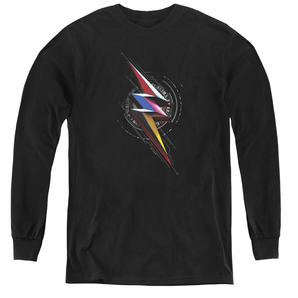 Power Rangers & Bolt Sigil Youth Long Sleeve Tee Shirt, Black - Medium