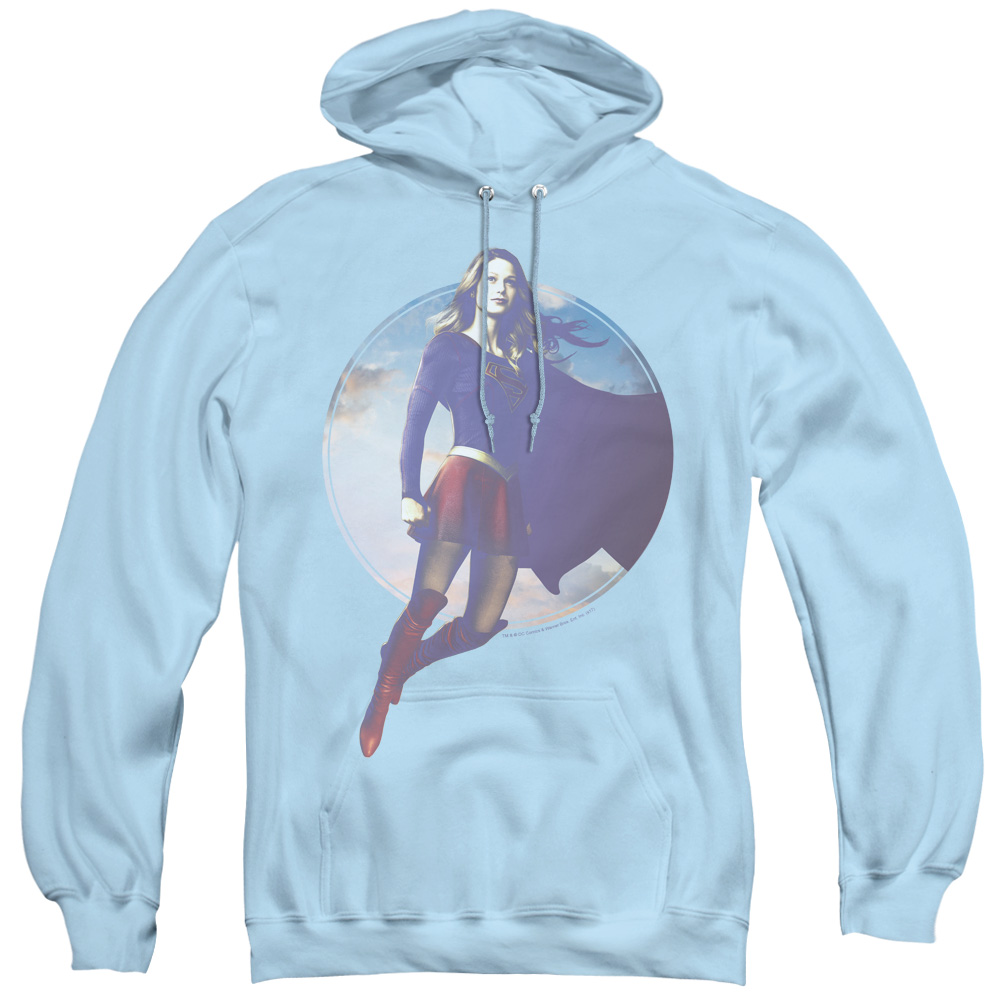 SGL108-AFTH-2 Supergirl & Cloudy Circle Adult Pull Over Hoodie, Light Blue - Medium
