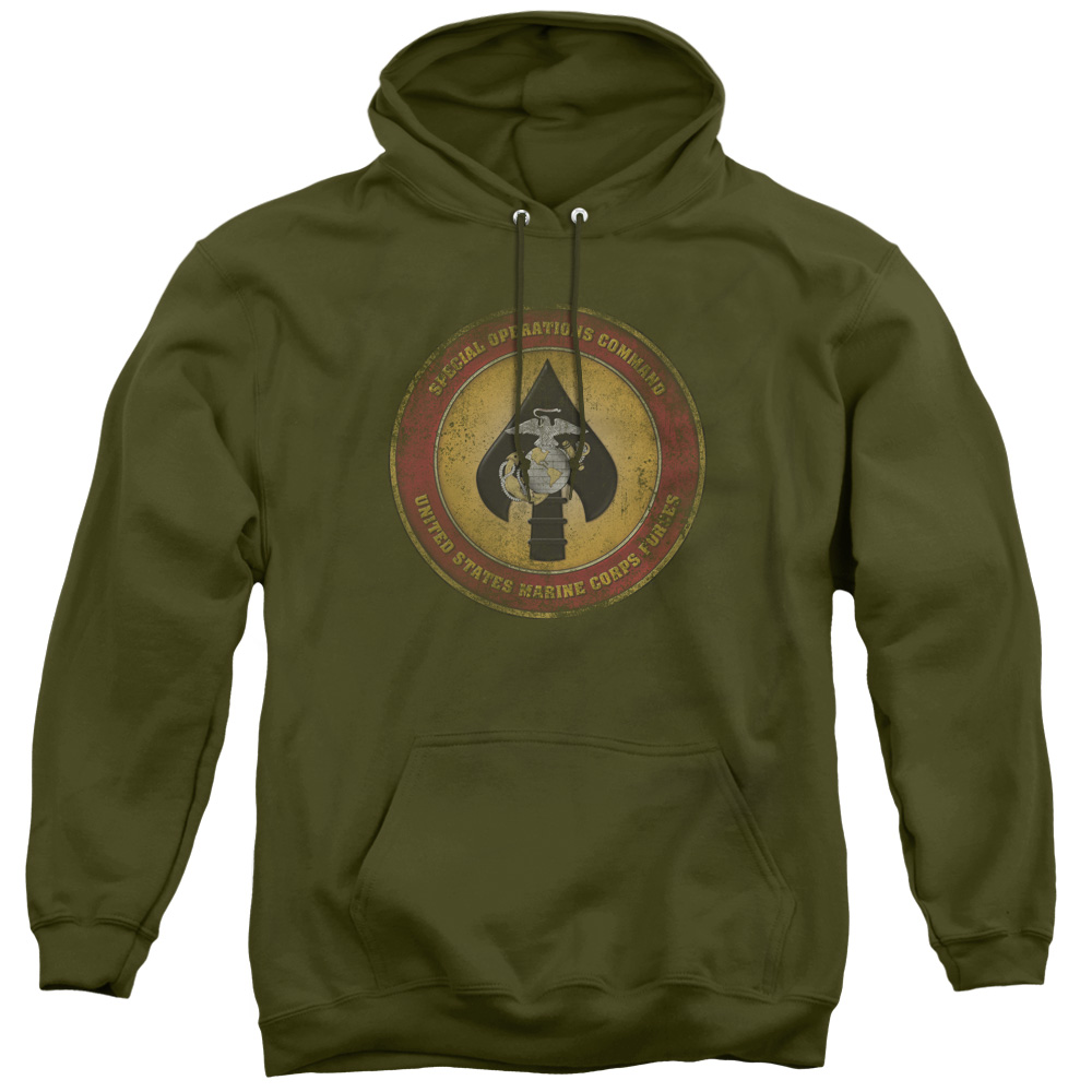 USMC105-AFTH-1 US Marine Corps & Special Operations Command Patch Adult Pullover Hoodie, Military Green - Small