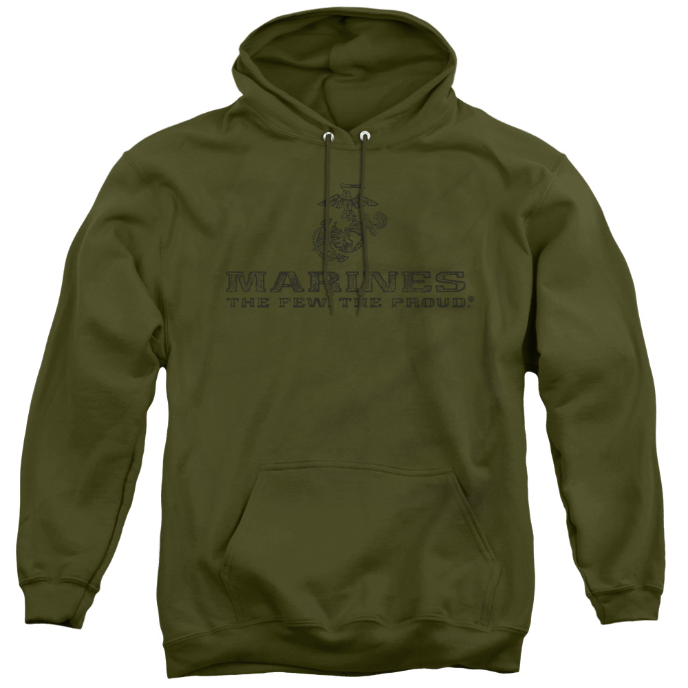 US Marine Corps & Distressed Logo Adult Pullover Hoodie, Military Green - Medium