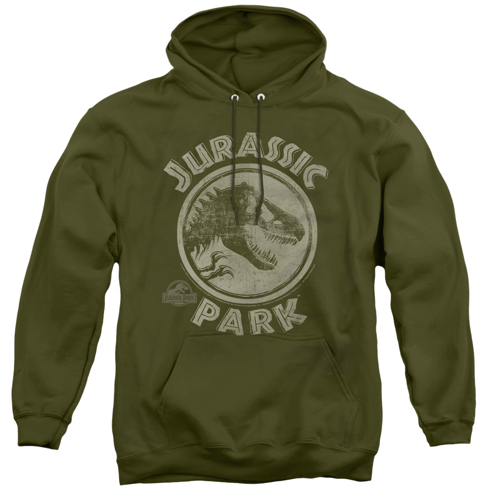 UNI484-AFTH-2 Jurassic Park & JP Stamp Adult Pullover Hoodie, Military Green - Medium