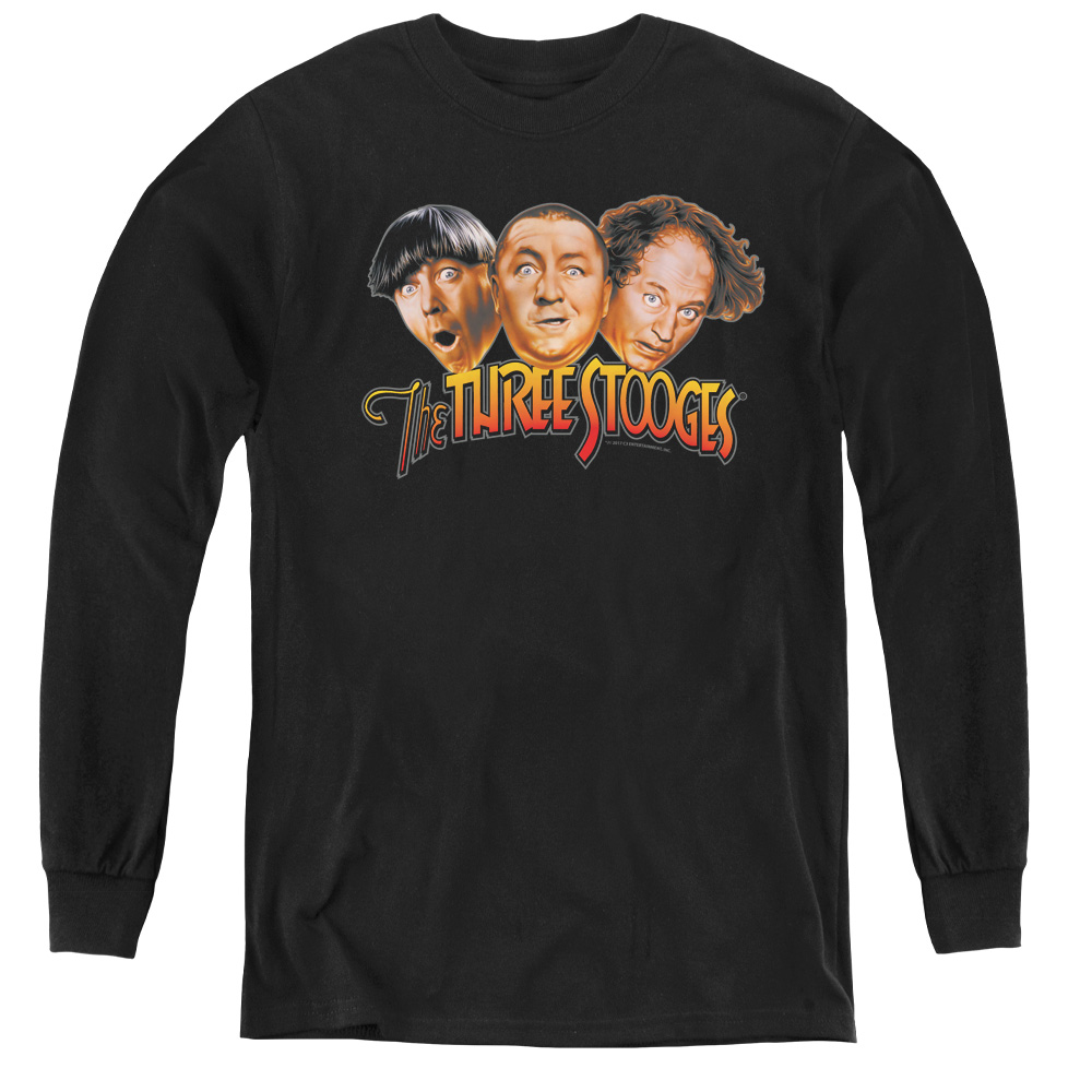 Three Stooges & Three Head Logo Youth Long Sleeve T-Shirt, Black - Medium