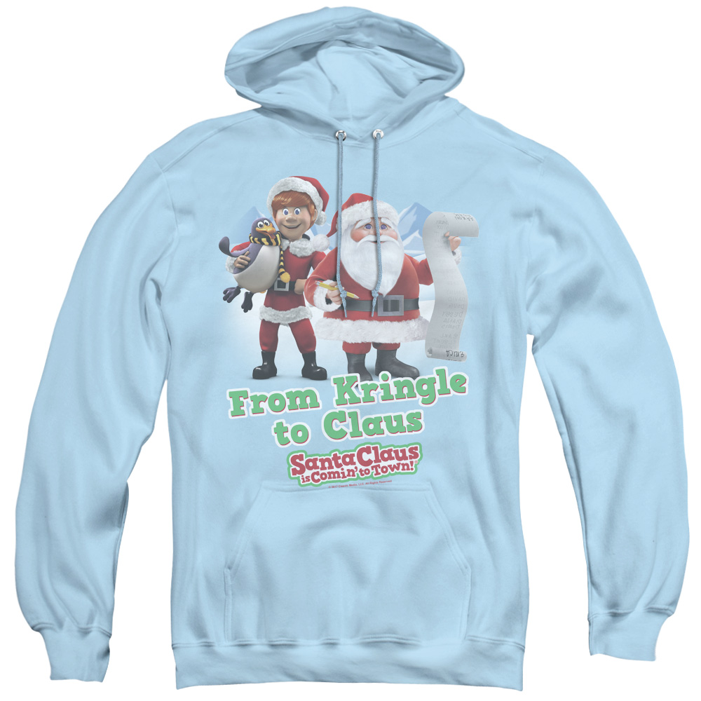 DRM131-AFTH-2 Santa Claus is Comin to Town & Kringle To Claus Adult Pullover Hoodie, Light Blue - Medium