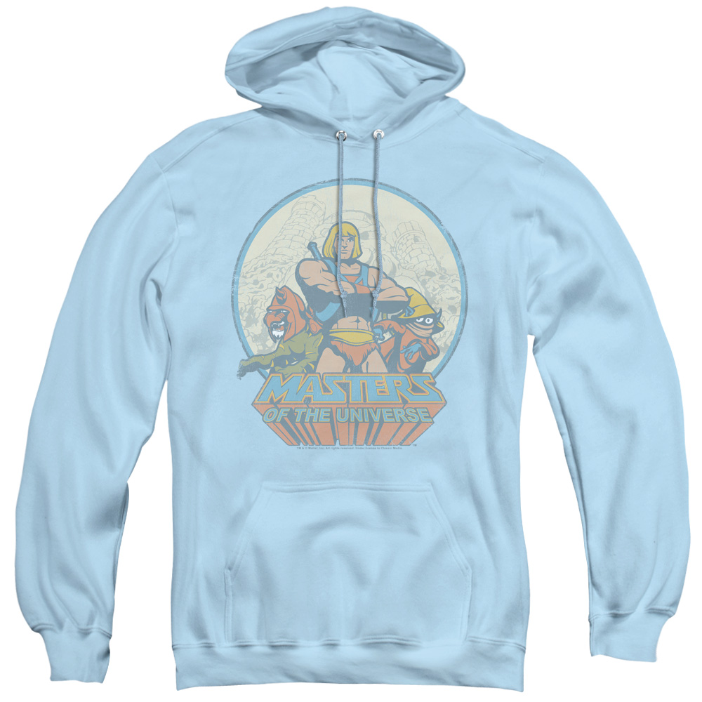 Masters of the Universe He Man & Crew Adult Pullover Hoodie, Light Blue - 2X