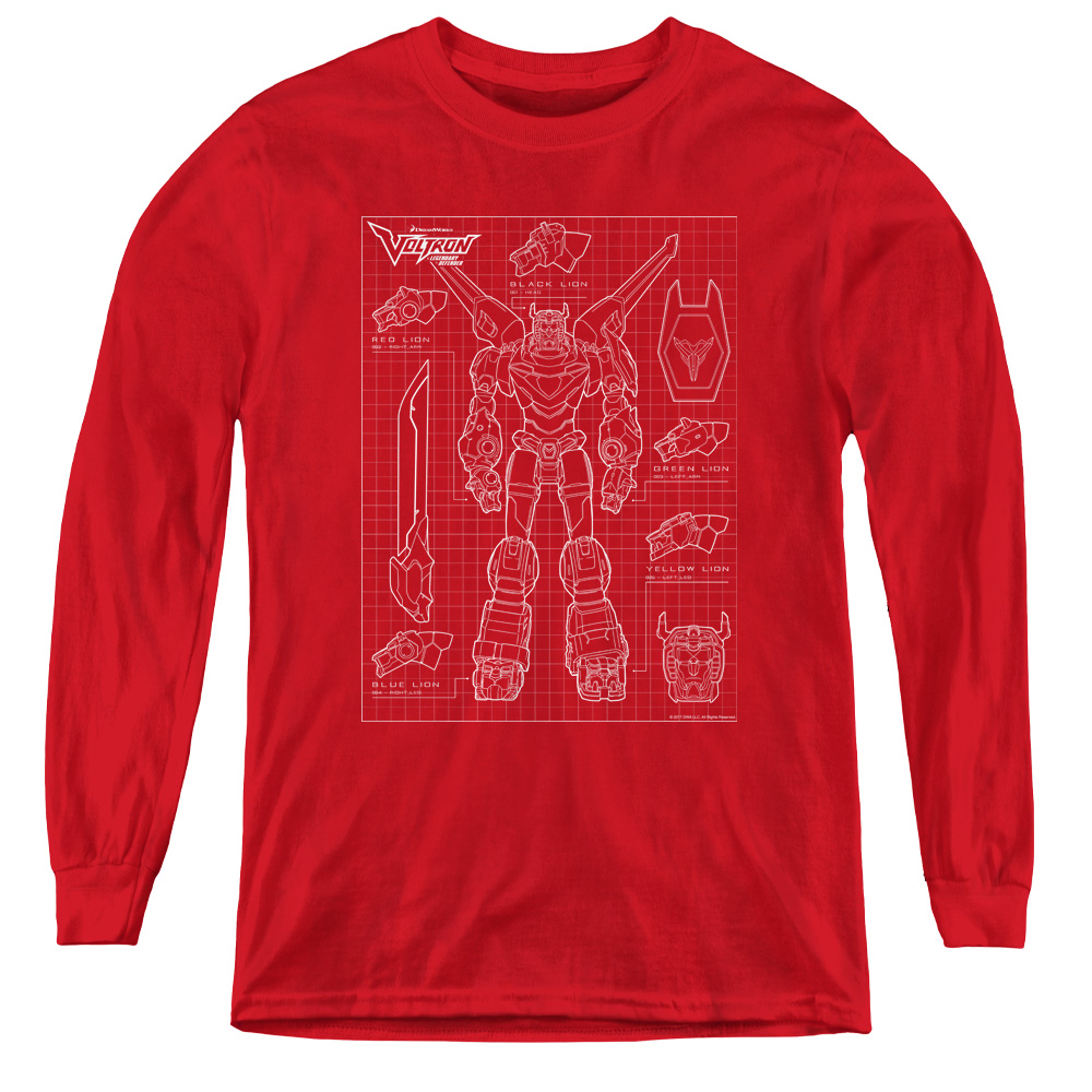 DRM350-YL-1 Voltron & Voltron Schematic Youth Long Sleeve T-Shirt, Red - Small