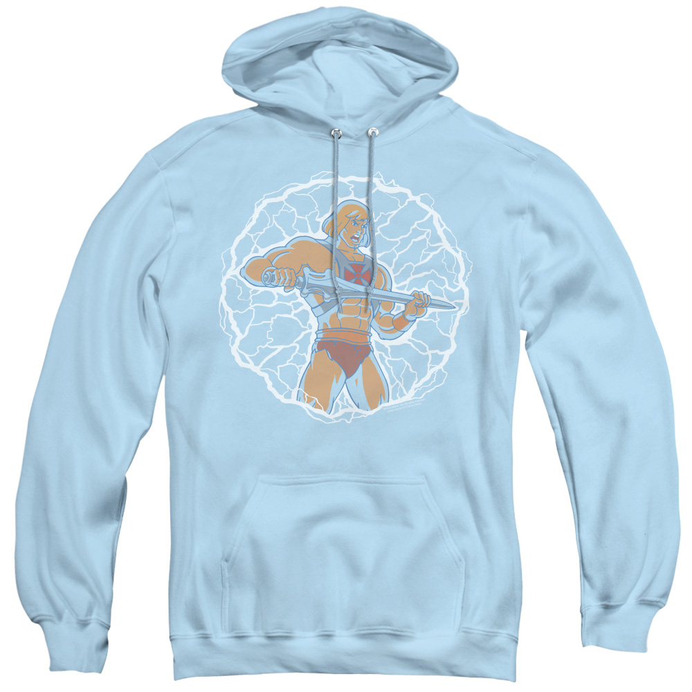 DRM376-AFTH-4 Masters of the Universe & Lightning Power Adult Pullover Hoodie, Light Blue - Extra Large